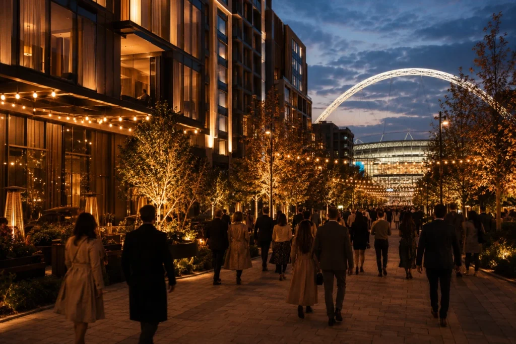 Wembley Park hotels near the OVO Arena lit up on a September concert evening