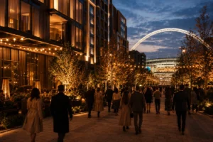 Wembley Park hotels near the OVO Arena lit up on a September concert evening