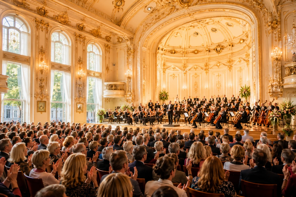 Grand American theatre filled with an audience enjoying an André Rieu style orchestral performance