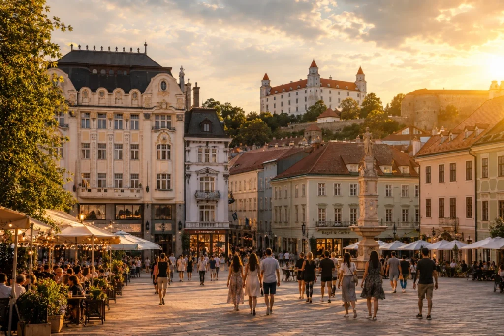 Charming old town square in Bratislava with castle in the background at golden hour