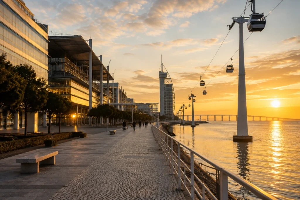 Riverside promenade in Lisbon's Parque das Nações near the Altice Arena at golden hour