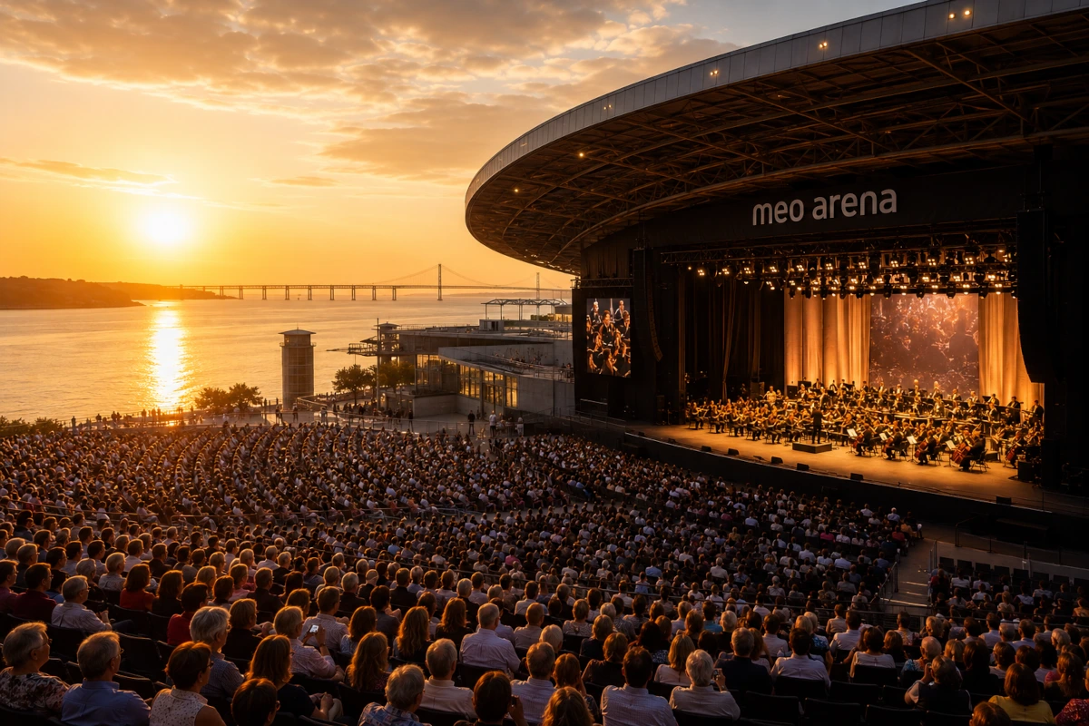 Riverside arena in Lisbon lit up for an André Rieu style orchestral concert