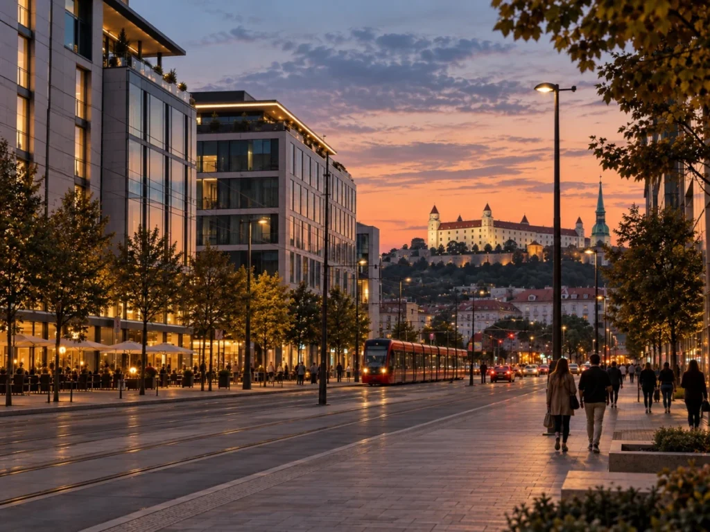 Modern district street in Bratislava near the TIPOS Aréna at dusk, with the castle visible in the distance
