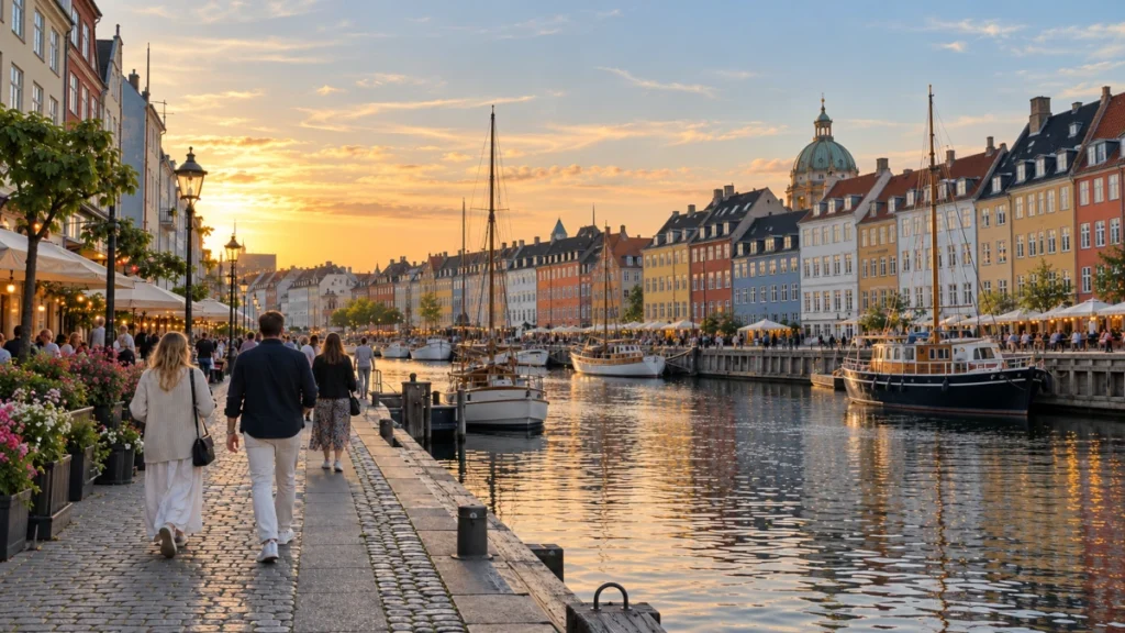 Scandinavian canal-side buildings in soft evening light, ahead of André Rieu’s June 2027 concerts