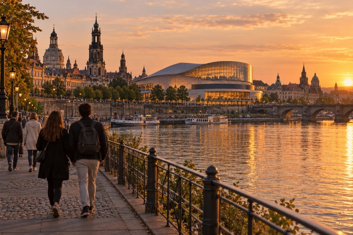 European riverside city at golden hour with a concert arena in the distance, representing André Rieu’s 2027 tour