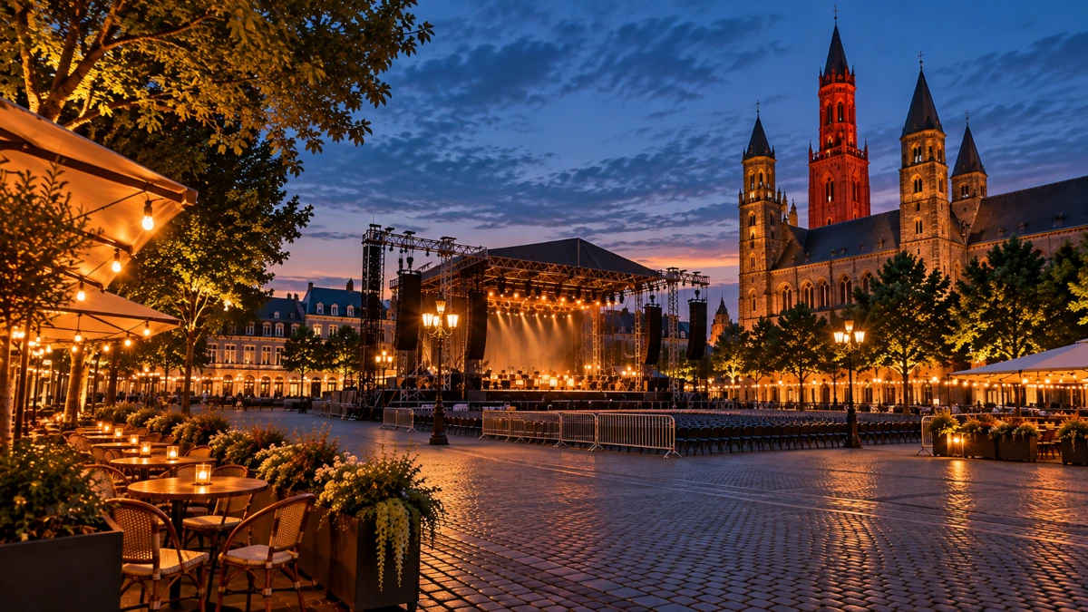 Maastricht’s Vrijthof square at dusk with lit restaurant terraces and an open-air stage, before an André Rieu summer concert