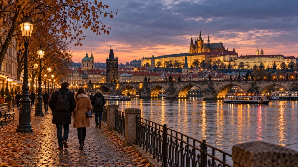 Central European riverside city at dusk in autumn, during André Rieu’s November 2026 tour