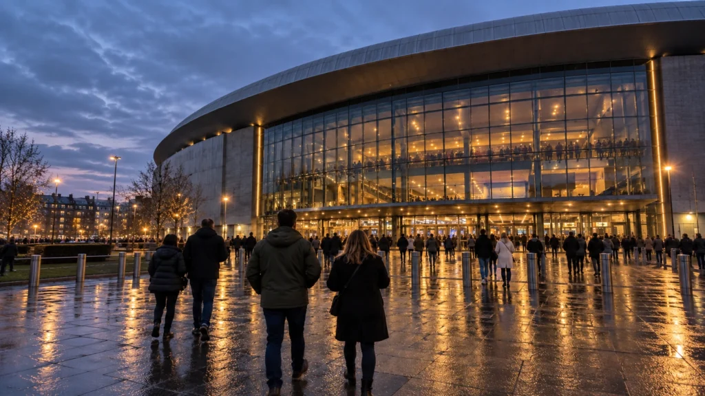 Concertgoers walking towards a UK arena at dusk before an André Rieu concert