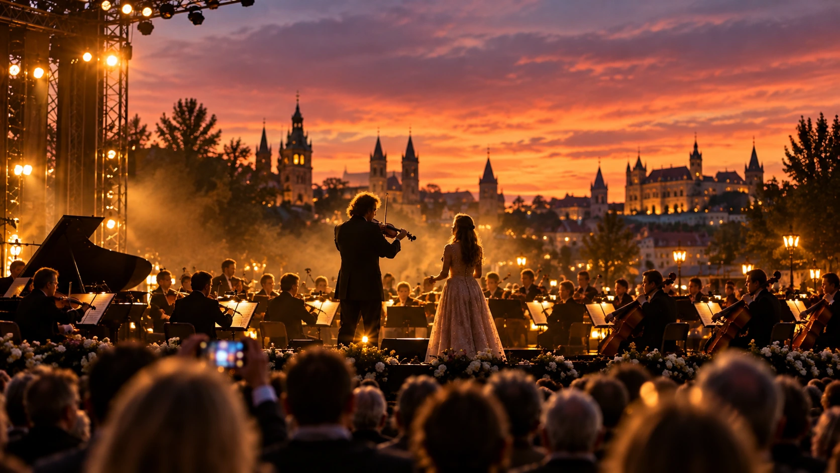 Silhouettes of a violinist-conductor and a young soprano on an open-air stage in Maastricht at dusk, evoking Emma Kok and André Rieu