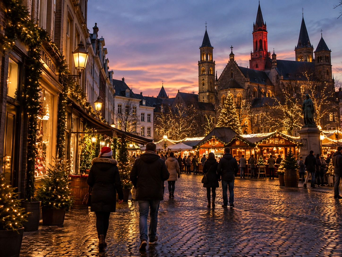 Cobbled Maastricht street at dusk with Christmas market lights and visitors in winter coats, before an André Rieu Christmas concert